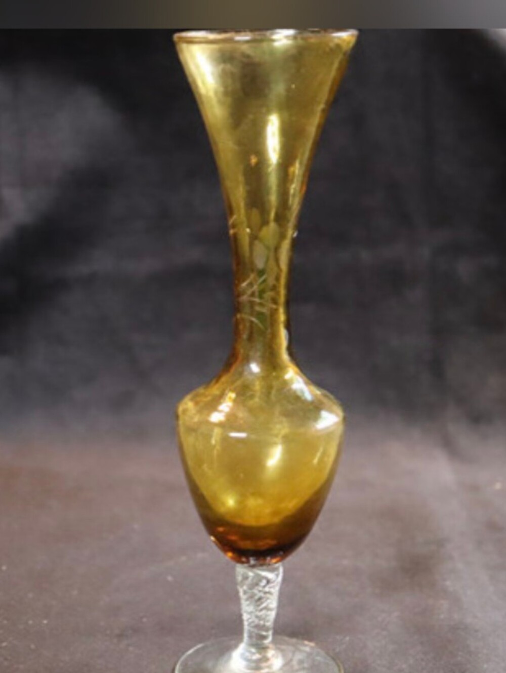Vintage Hand-Blown Amber Etched Trumpet Bud 8” Footed Vase